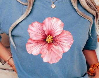Camisa de algodón con hibisco Comfort Colors, camiseta con flores rosas, top tropical de verano, camiseta con flores hawaianas