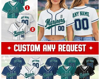 Personalized Women’s Seattle Mariners Baseball Crop Top With Custom Name & Number, Game Day Gift For Fans