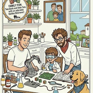 Può includere: Pagina da colorare con arte lineare intitolata "A Coloring Adventure for Curious Minds" con due papà e il loro figlio, con un Golden Retriever. L'immagine mostra una famiglia in un ambiente cucina, con elementi a tema scientifico e il testo "Instant Digital Download Printable in A4".