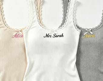 Custom Name Lace Trim Tank Top | Personalized Embroidered Ribbed Cami, Bridesmaid Gift, Bachelorette Party, Everyday Wear