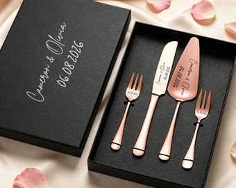 Custom Engraved Wedding Cake Knife And Fork Set, Personalized Couple Name Date Rose Gold Cake Serving Kit, Unique Wedding Keepsake Gift