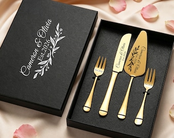Custom Gold Cake Server Set with Forks, Personalized Wedding Cake Cutting Kit, Wedding Favor