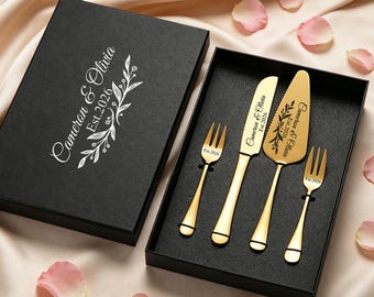 Juego personalizado de palas y tenedores para pastel dorado, kit personalizado para cortar pastel de bodas, recuerdo de boda