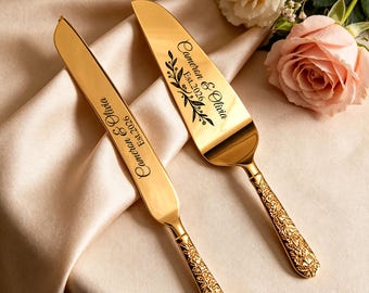 Juego de cortar pastel de oro grabado a medida, cuchillo para pastel de bodas, regalo personalizado para despedida de soltera para parejas.