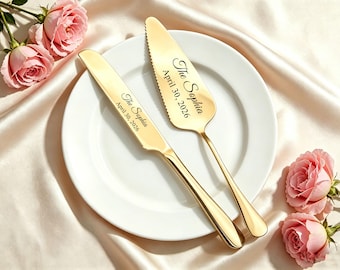 Personalized Wedding Cake Knife Set, Custom Engraved Gold Cake Cutting Set, Anniversary Gift for Couple, Bridal Shower Gift