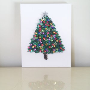 Christmas Tree Button Art, wall art, home decor, pine tree, strung lights, holiday decorations, present, gift