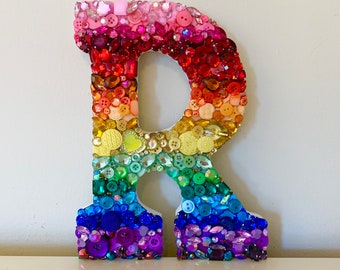 Large Wooden Button Art Letter, made to order, mixed media, personalizes, rainbow, colorful, pride, lgbtq+, birthday, present, gift, bling