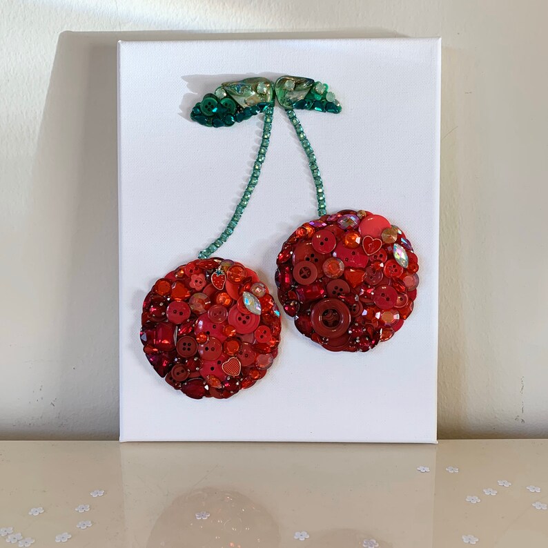 Cherries Button Art home decor made to order Valentine\u2019s Day canvas wall art gift birthday anniversary present fruit mixed media