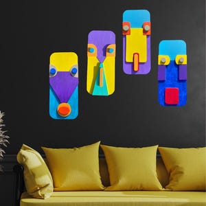 Juego de arte mural de máscaras geométricas abstractas 3D: 4 paneles de pared hechos a mano, 15 × 35 cm
