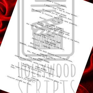 May include: A script page from the movie "Coraline" with handwritten notes. The text includes dialogue between characters, such as "Coraline" and "Other Mother." The script is set against a red fabric background, with the words "HOLLYWOOD SCRIPTS" visible.