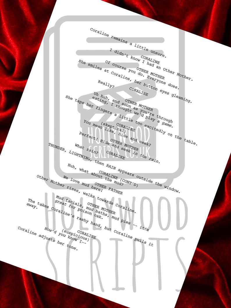 May include: A script page from the movie "Coraline" with handwritten notes. The text includes dialogue between characters, such as "Coraline" and "Other Mother." The script is set against a red fabric background, with the words "HOLLYWOOD SCRIPTS" visible.
