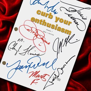 May include: A white script page for Curb Your Enthusiasm Season 7 Show 1 Outline, featuring multiple signatures in blue, black, and red ink. The document includes three brass fasteners along the left edge and is printed with the text Blue Draft 2008.