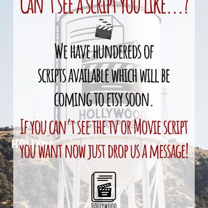 Puede incluir: Imagen de una torre de agua blanca con el texto "CAN'T SEE A SCRIPT YOU LIKE...?" y "HOLLYWOOD SCRIPTS". El texto tambi&eacute;n dice "WE HAVE HUNDEREDS OF SCRIPTS AVAILABLE WHICH WILL BE COMING TO ETSY SOON."
