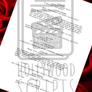 May include: A printed script page from "Coraline" with text and character names. The script is on a white background with a watermark of "Hollywood Scripts" and is set against a red velvet backdrop.