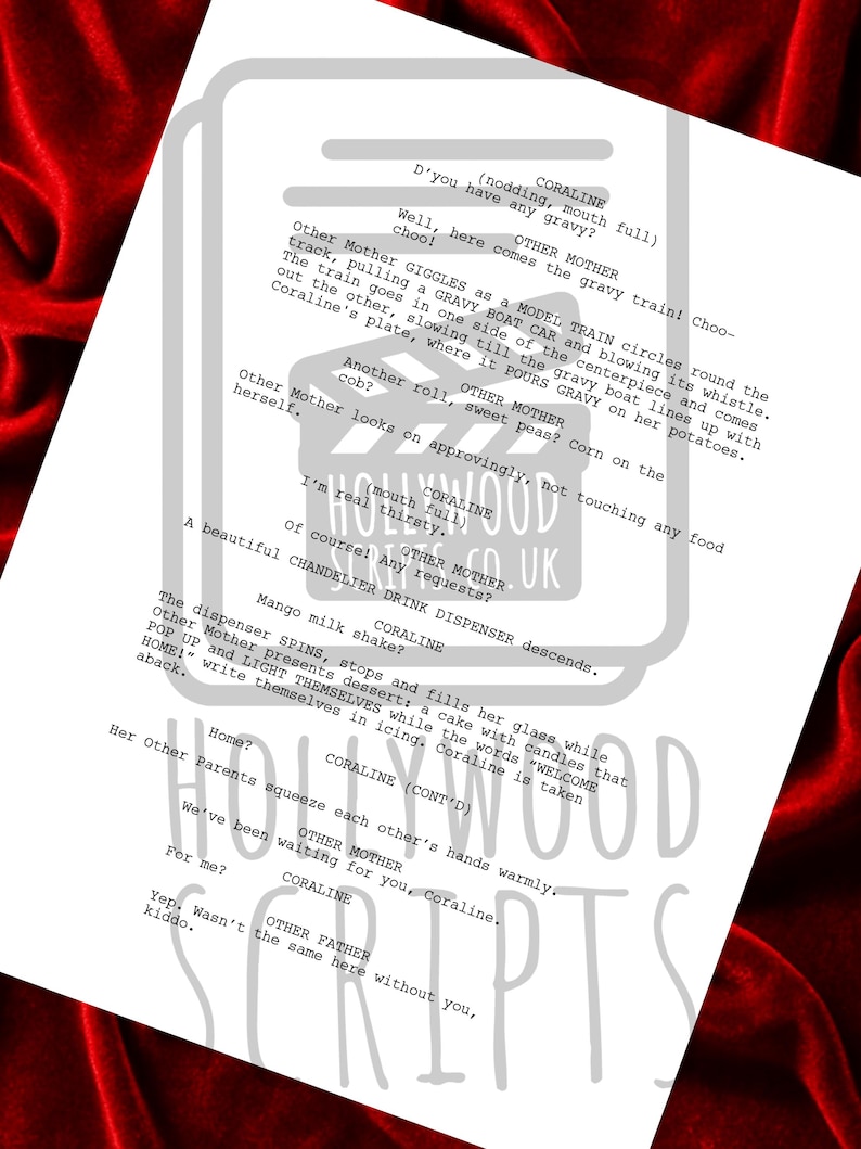 May include: A printed script page from "Coraline" with text and character names. The script is on a white background with a watermark of "Hollywood Scripts" and is set against a red velvet backdrop.