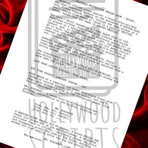 May include: A script page with text from a movie scene. The text includes scene descriptions, character names, and dialogue. The script is titled "HEAD CREDIT SEQUENCE MYSTERIOUS SEWING ROOM - NIGHT."