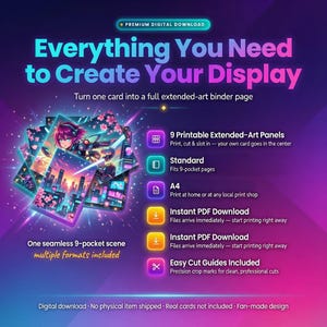 May include: A digital download graphic featuring the text Everything You Need to Create Your Display. It includes 9 printable extended-art panels for a 9-pocket binder page, A4 format, instant PDF download, and easy cut guides with precision crop marks.