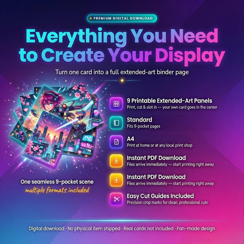 May include: A digital download graphic featuring the text Everything You Need to Create Your Display. It includes 9 printable extended-art panels for a 9-pocket binder page, A4 format, instant PDF download, and easy cut guides with precision crop marks.