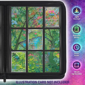 Può includere: Un raccoglitore nero per carte collezionabili con nove tasche trasparenti contenenti carte illustrate con scene di foreste verdi e fiori colorati. Il lato destro mostra icone per Digital Download, Perfect For Binders, Instant Access e 300 DPI.