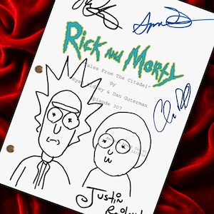 May include: A white script with the title "Rick and Morty" in teal and yellow, with character sketches and signatures. The script is titled "Tales From The Citadel" and includes the writers' names and episode number.