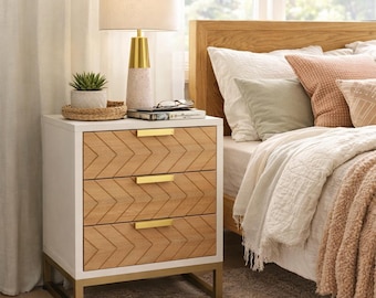 Modern White 3 Drawer Nightstand Chevron Bedside Table Bedroom End Side Furniture Wood Storage