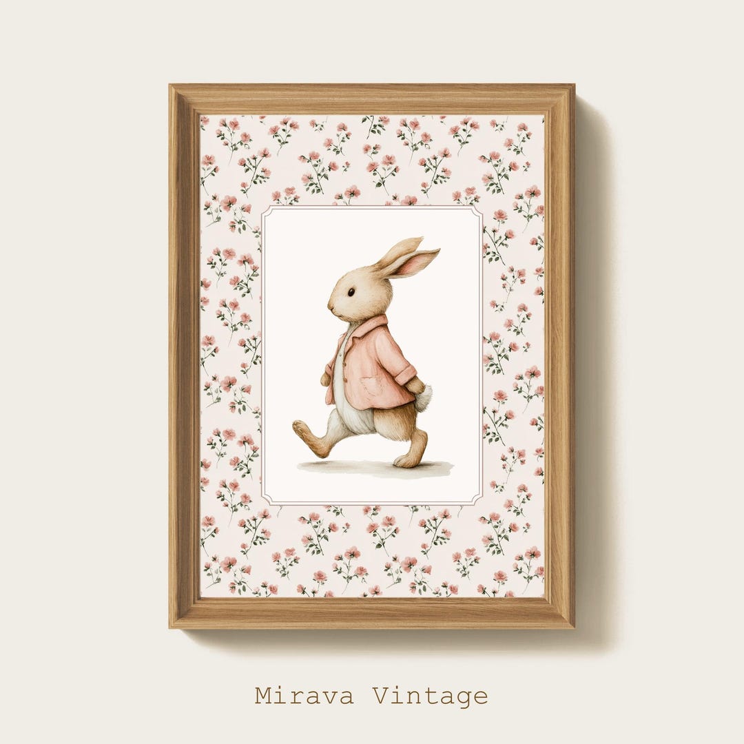 Vintage Walking Bunny Nursery Wall Art, Rabbit Print for Kids Room - Etsy
