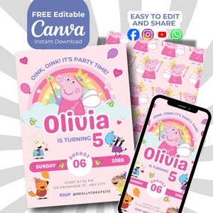 Editable Peppa Pig Birthday Invitation: Kids Birthday Party Invite, Personalized Canva Template, Digital Download