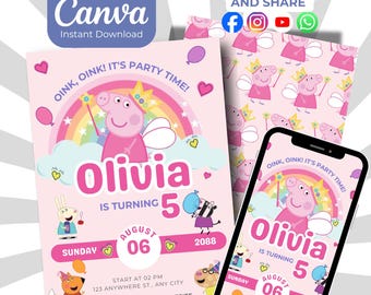 Faire-part d'anniversaire Peppa Pig modifiable : Invitation de fête d'anniversaire pour enfants, modèle de toile personnalisé, téléchargement numérique