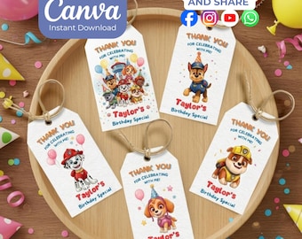 Editable Watercolor Puppy Gift Tags, Happy Birthday Thank You Gift Tags, Printable And Editable