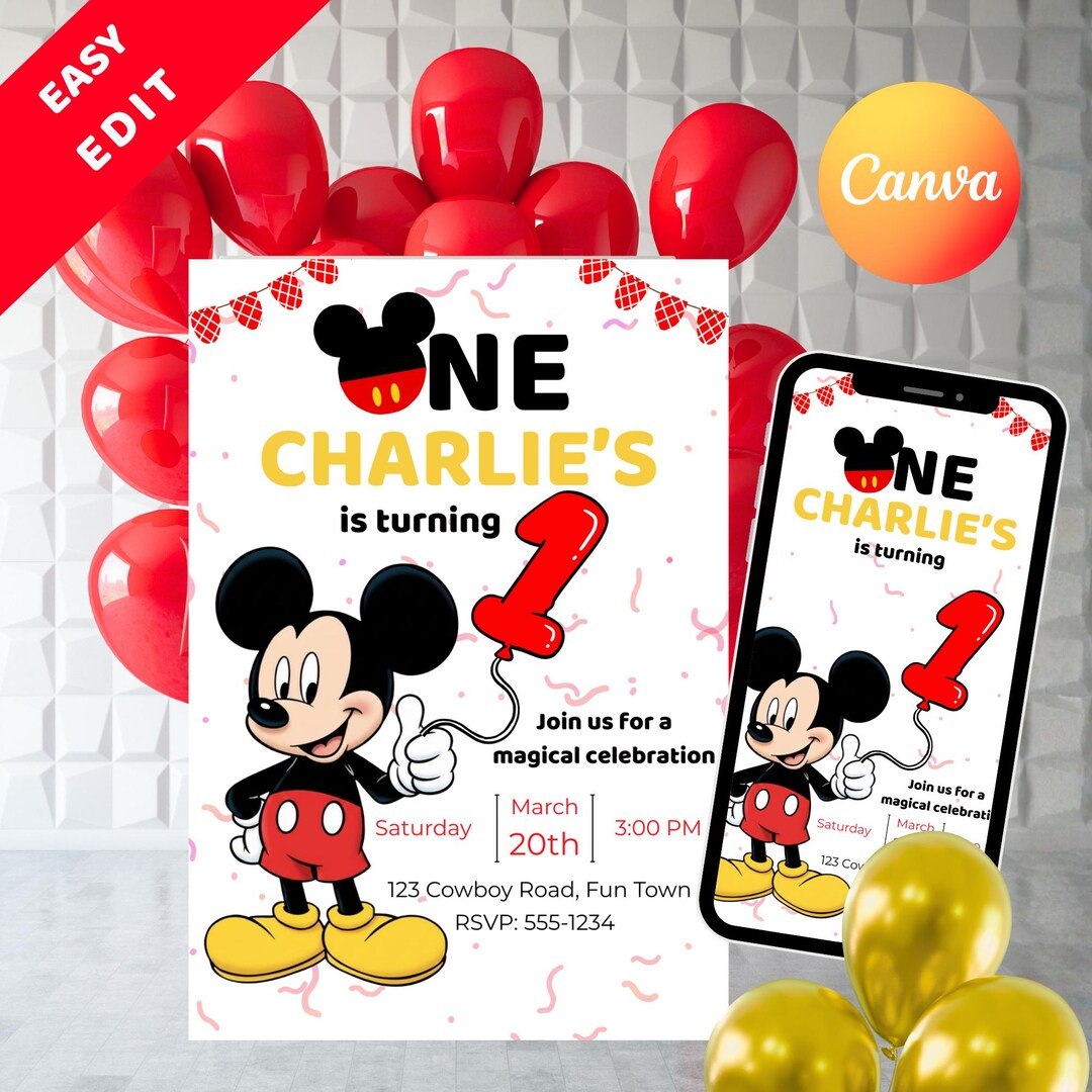 Editable Mickey Mouse 1st Birthday Invitation (digital Download) - Etsy