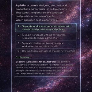 May include: A digital screen displays a practice question about platform design. The text includes a question about environment configuration and multiple-choice answers. The background features a cosmic, starry design.