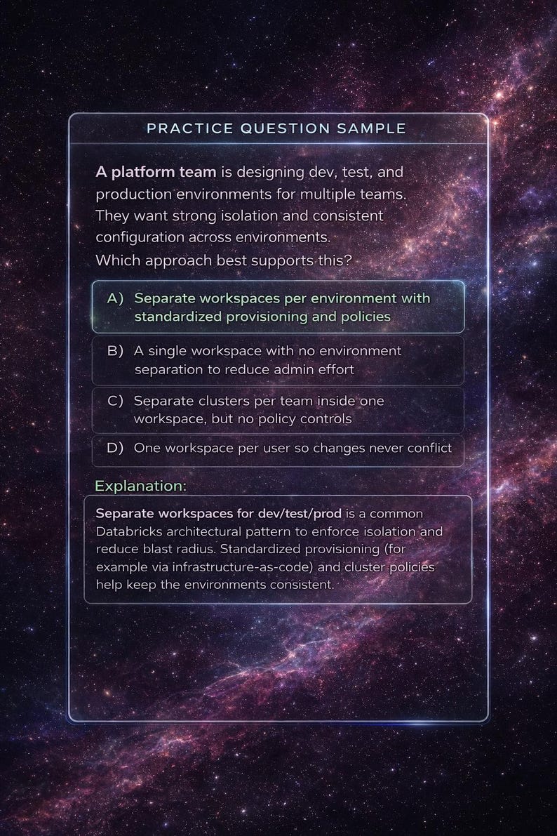 May include: A digital screen displays a practice question about platform design. The text includes a question about environment configuration and multiple-choice answers. The background features a cosmic, starry design.