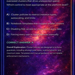 May include: A Databricks platform training graphic with a dark blue and purple background. The text asks a question about preventing oversized clusters. The correct answer is A: Cluster policies to restrict instance types, autoscaling, and limits.