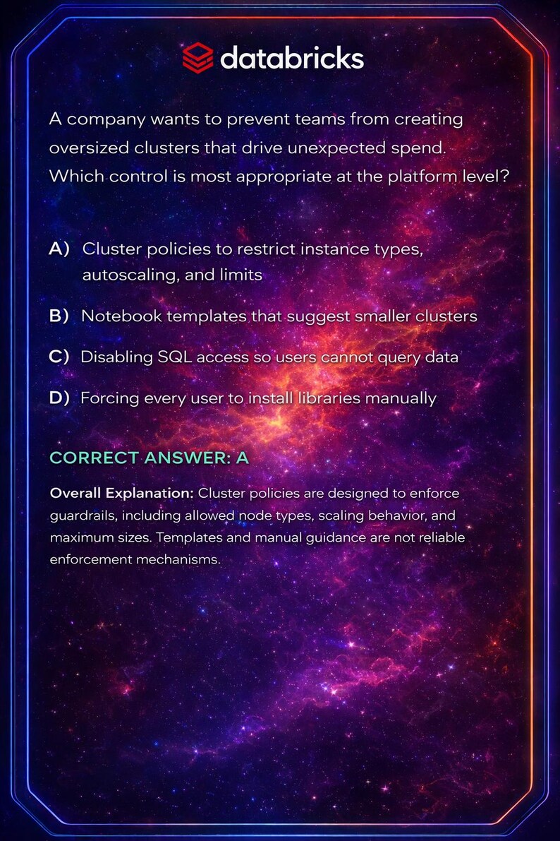 May include: A Databricks platform training graphic with a dark blue and purple background. The text asks a question about preventing oversized clusters. The correct answer is A: Cluster policies to restrict instance types, autoscaling, and limits.