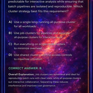 May include: A Databricks graphic with a question about cluster strategy for predictable compute costs. The text includes multiple-choice answers and the correct answer, B, is highlighted. The overall theme is cloud computing.