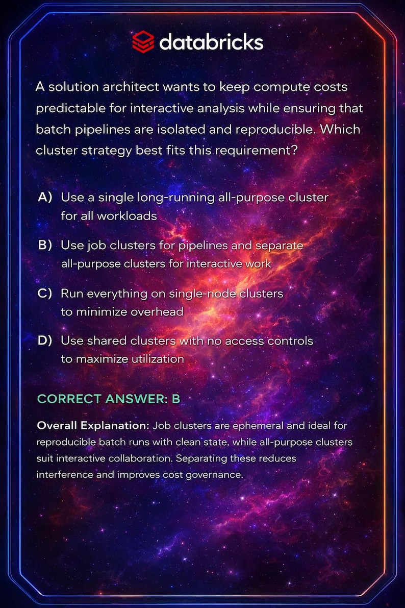 May include: A Databricks graphic with a question about cluster strategy for predictable compute costs. The text includes multiple-choice answers and the correct answer, B, is highlighted. The overall theme is cloud computing.