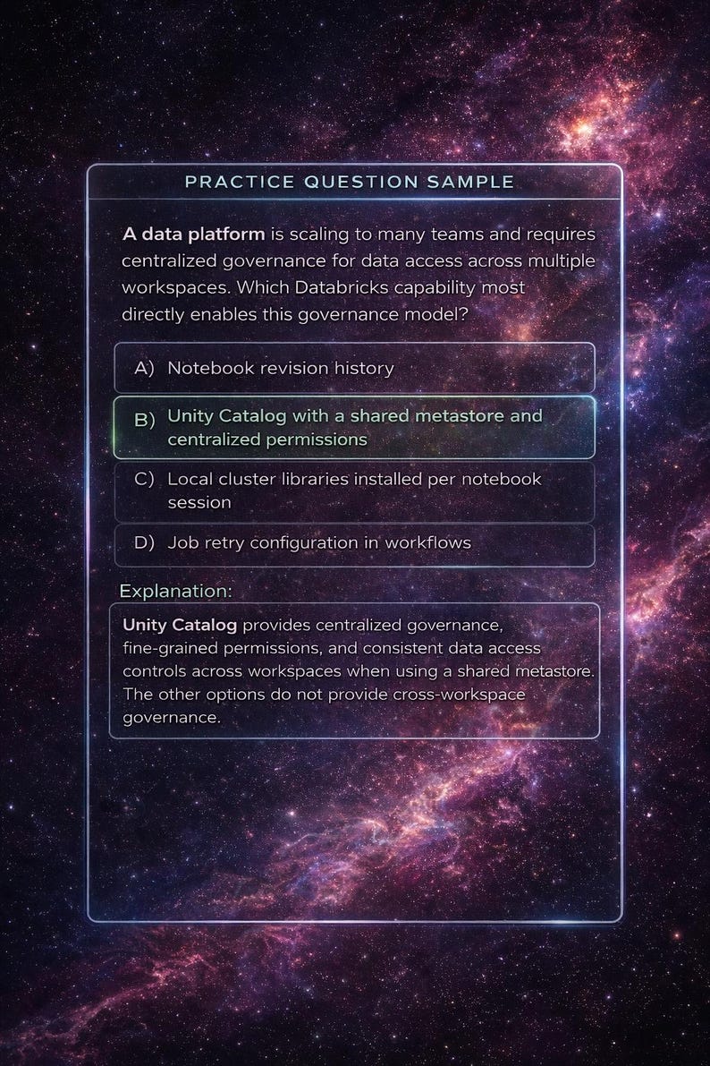 May include: A digital screen displays a practice question about data platform governance. The question asks about Databricks capabilities. The answer is Unity Catalog with shared metastore and centralized permissions. The background is a purple and pink galaxy.