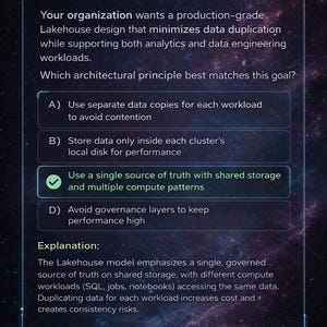 May include: A digital screen displays a practice question about Lakehouse design. The question asks about architectural principles to minimize data duplication. The correct answer is highlighted: "Use a single source of truth with shared storage and multiple compute patterns."