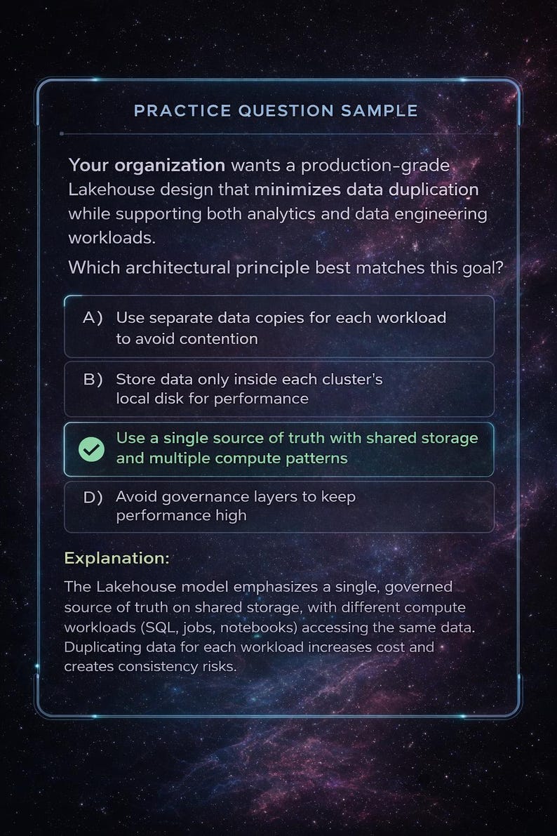 May include: A digital screen displays a practice question about Lakehouse design. The question asks about architectural principles to minimize data duplication. The correct answer is highlighted: "Use a single source of truth with shared storage and multiple compute patterns."