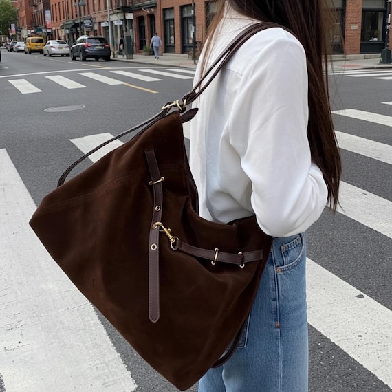 Suede Tote Bag, Slouchy Shoulder Handbag for Women, Brown Large Everyday Hobo Bag, Minimalist Work Tote Purse, Casual Vintage Style Bag
