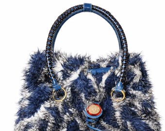 Vintage Sharif Angora Fur Shoulder Bag, Blue White Black, 16" Statement Tote