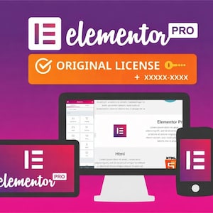 Peut inclure: Graphique de marketing numérique avec le logo Elementor Pro sur une tablette, un écran d'ordinateur et un smartphone. L'image comprend le texte "ORIGINAL LICENSE" et une clé de licence. Le fond passe du violet au rose.
