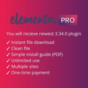 Op de afbeelding: Een digitale afbeelding met de tekst "elementor PRO" in het wit en een lijst met functies. De achtergrond loopt over van rood naar paars. Functies zijn onder meer direct downloaden van bestanden, een schoon bestand, een eenvoudige installatiegids, onbeperkt gebruik, meerdere sites en een eenmalige betaling.