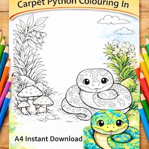 Peut inclure: Un livre de coloriage intitulé "Australian Reptiles Carpet Python Colouring In" avec une illustration détaillée d'un python tapis dans un cadre naturel. L'image comprend le texte "A4 Instant Download High Quality PDF". Des crayons de couleur sont visibles autour du livre.
