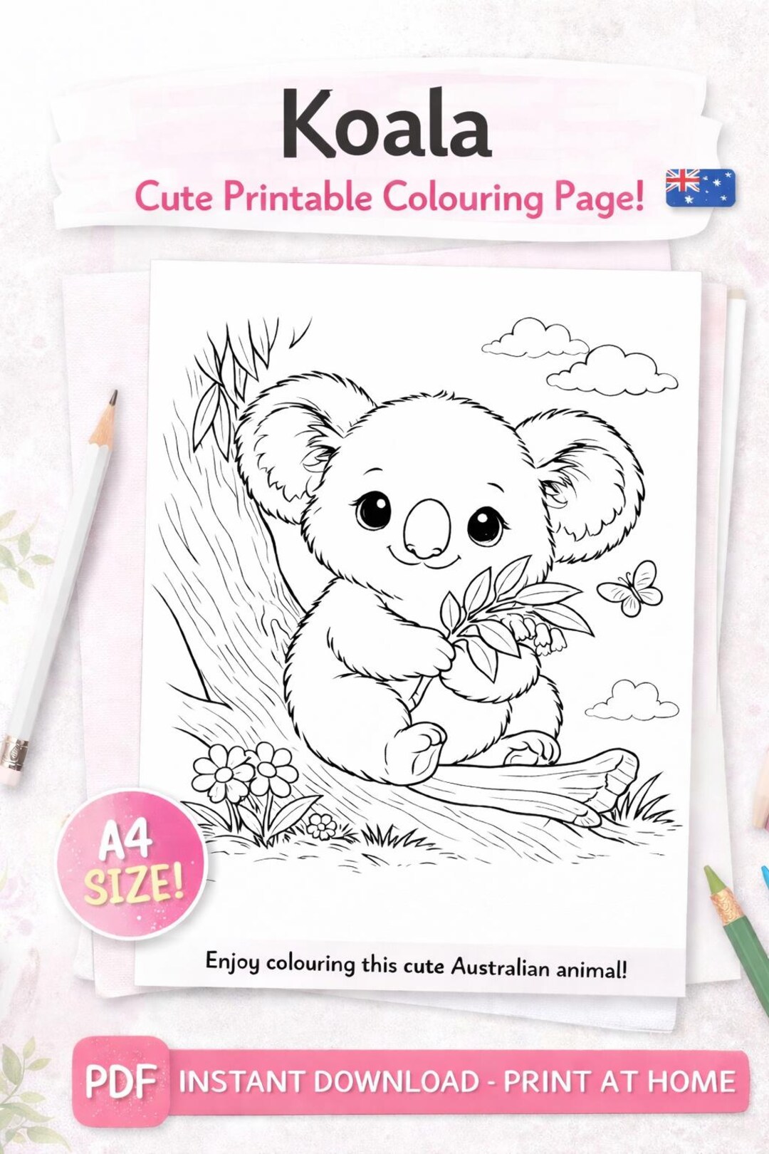 Koala Colouring Page • Australian Animals Printable • Kids Colouring ...