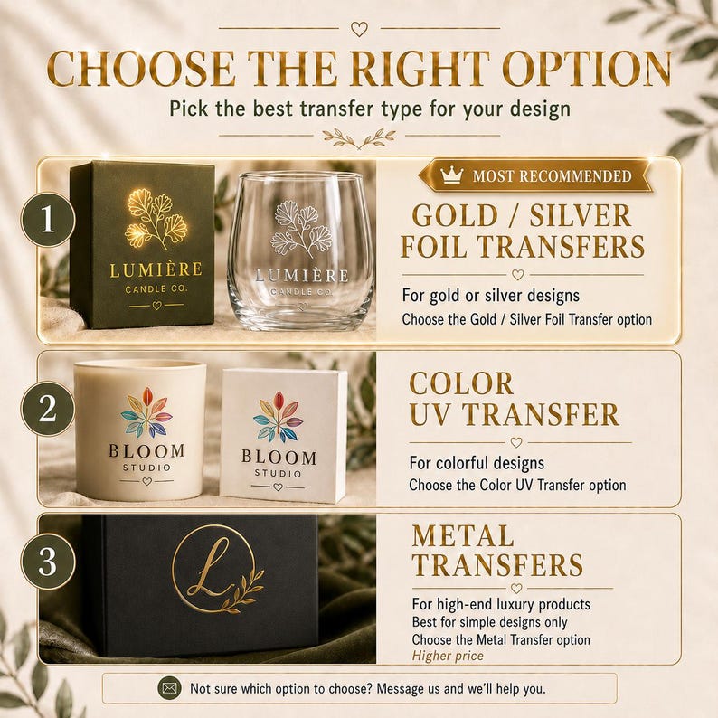May include: An informational graphic titled CHOOSE THE RIGHT OPTION. It displays three transfer types: 1. Gold/Silver Foil Transfers for metallic designs, 2. Color UV Transfers for colorful logos, and 3. Metal Transfers for luxury branding.