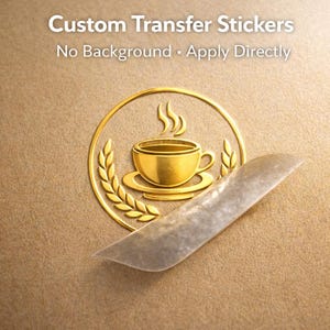 Könnte beinhalten: Ein goldener, individueller Transferaufkleber mit einem Kaffeetassen-Design, umgeben von einem Lorbeerkranz und einem kreisförmigen Rahmen. Die transparente Rückseite des Aufklebers wird teilweise abgezogen. Der Text lautet "Custom Transfer Stickers. No Background • Apply Directly."