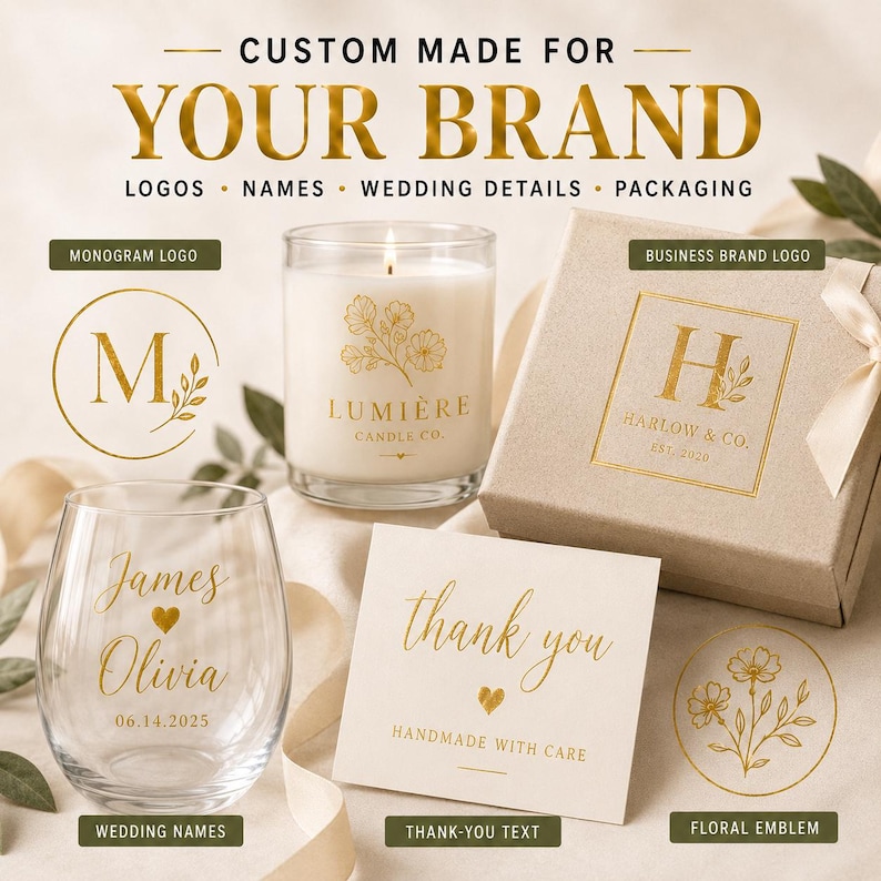 May include: Custom branding items featuring gold foil text and floral designs. Includes a glass candle with 'Lumiere Candle Co.', a stemless wine glass with 'James Olivia 06.14.2025', a gift box with 'Harlow & Co.', and a card with 'thank you'.