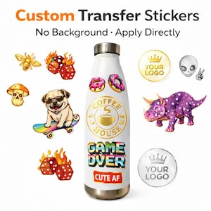 May include: White water bottle with silver lid, adorned with colorful custom transfer stickers. Stickers include a pug on a skateboard, donuts, dice, and the text "GAME OVER CUTE AF". The bottle also has the text "COFFEE HOUSE".