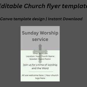 Könnte beinhalten: Graue Flyer-Vorlage mit dem Text "Editable Church flyer template" und "Canva template design | Instant Download". Der Flyer ist für einen Sonntagsgottesdienst mit Zeit, Ort und Redner.